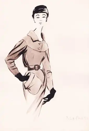 (Woman dressed in brown, with black gloves) - Frau femme Fashion / Handschuhe / Modezeichnung Mode Zeichnung 5