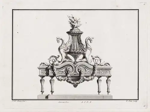 Engraving from the series Cahier de six Feux de Cheminées, a l'usage des Fondeurs / Bronze sculpture Barock ba