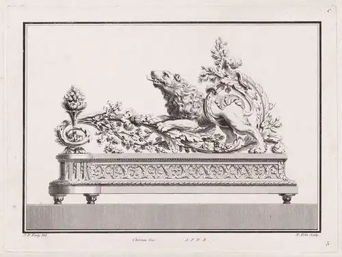 Engraving from the series Cahier de six Feux de Cheminées, a l'usage des Fondeurs / Bronze sculpture Barock ba