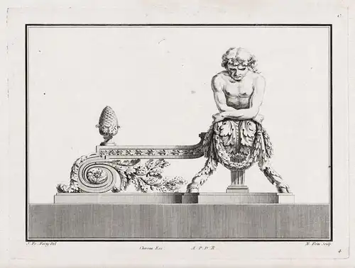Engraving from the series Cahier de six Feux de Cheminées, a l'usage des Fondeurs / Bronze sculpture Barock ba