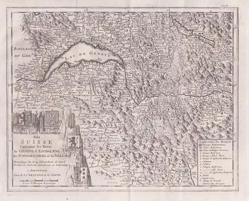 Nouvelle Carte Geographique dela Suisse contenant les Terres de geneve, d' Eschalens, de Schwartzenburg et du