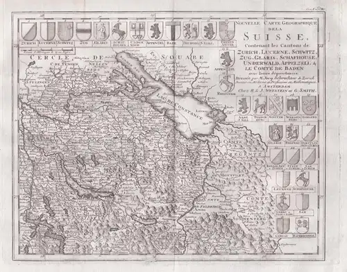Nouvelle Carte Geographique dela Suisse, contenant les Cantons de Zurich, Lucerne, Schwitz, Zug, Glaris, Schaf