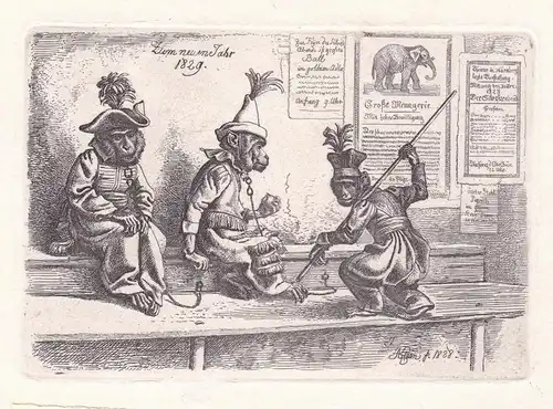 Zum neuen Jahr 1829 - Neujahr / Affen monkeys