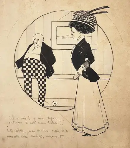 Armand, crois-tu que mon chapeau soit dans la note de ma toilett? - Art Deco Fashion Mode / Karikatur caricatu