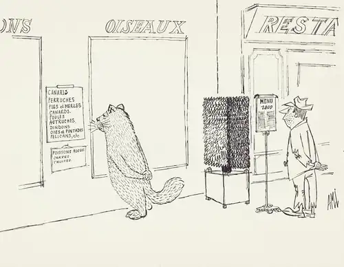 Ein Mann und ein Bär stehen jeweils vor einer Speisekarte und suchen sich etwas aus / A man looks at a restaur