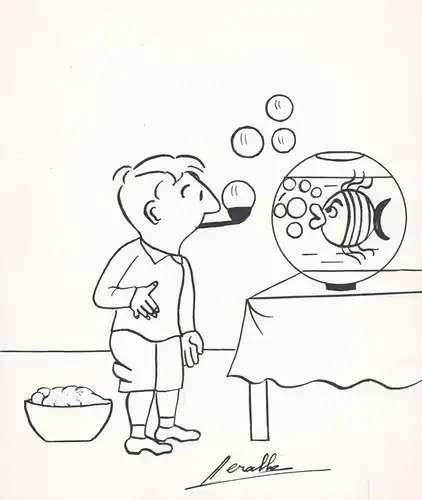 Junge und Fisch / Boy and a fish / Seifenblasen soap bubbles / caricature Karikatur