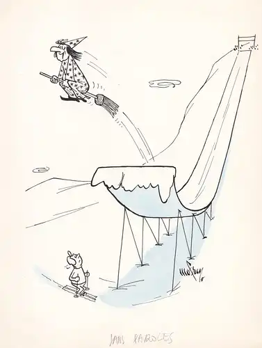 Sans paroles - Eine Hexe beim Skispring / A witch skiing / caricature Karikatur