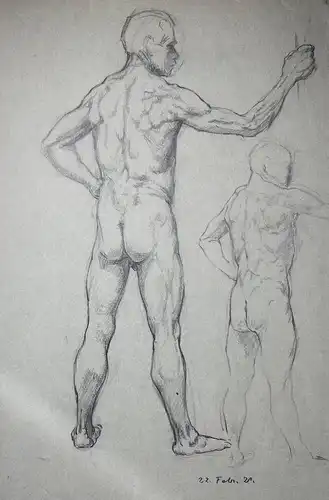 (Stehender männlicher Akt mit Stab - Rückenansicht / Nude male holding a rod, seen from behind) - Mann / male
