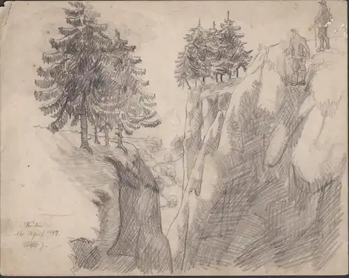 (Felslandschaft mit Schlucht, Bäumen und zwei Wanderern) - Rocky landscape with a gorge, trees and two hikers