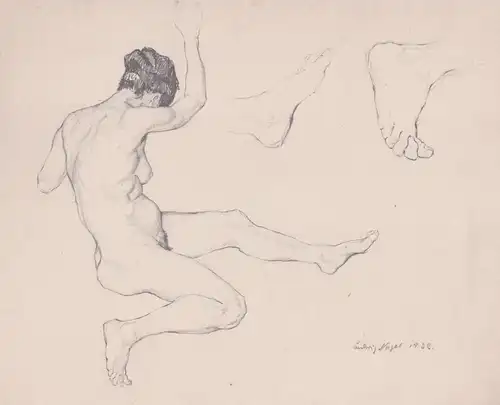 (Studienblatt mit weiblichem Akt) - Frau femme woman / female nude / Akte nudes