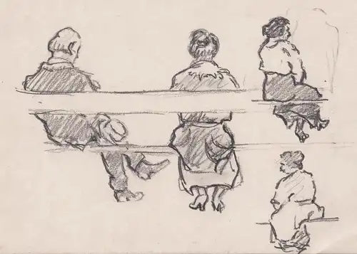 (Studienblatt mit sitzenden Personen auf Parkbänken) - Study sheet with people sitting on park benches