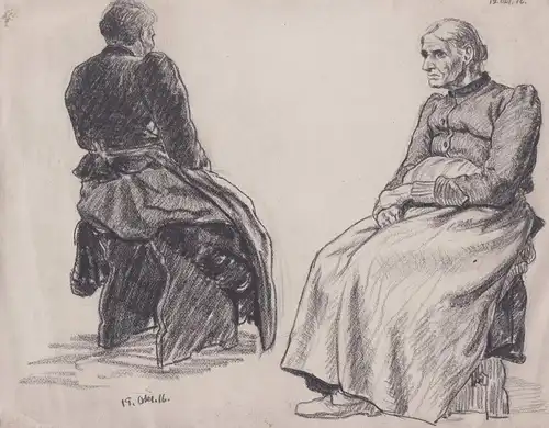 (Studienblatt mit sitzender alter Frau) - Study sheet with a seated old woman