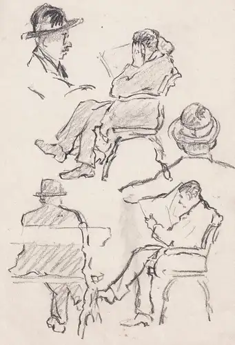 (Studienblatt mit sitzenden Personen auf Parkbänken) - Study sheet with people sitting on park benches