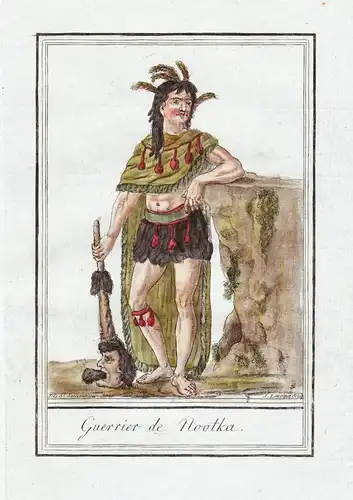 Guerrier de Nootka - Nuu-chah-nulth Nootka Ingidenous Vancouver Tracht Trachten costume  engraving