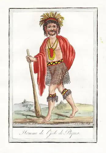 Homme de l'Isle de Paque - Easter Island Isla de Pascua Rapa Nui Tracht Trachten costume  engraving