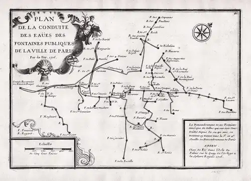 Plan de la Conduite des eaues des fontaines publiques de la ville de Paris - Paris Plan des fontaines Brunnen