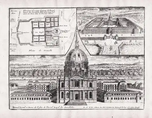 Plan General a veue d'oyseau de l'hostel Royal des Invalides / Veue en perspectiv de l'Hostel Royal des Invali