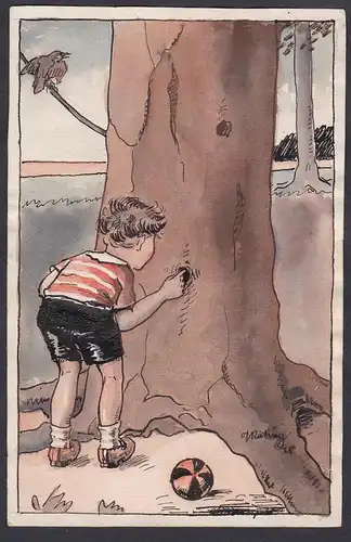 (Ein kleiner Junge sucht in einem Baumloch nach etwas / A little boy is looking for something in a tree hole)