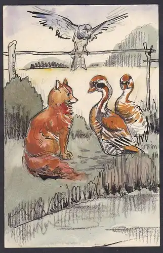 (Zwei Gänse mit einem Fuchs / Two geese and a fox)