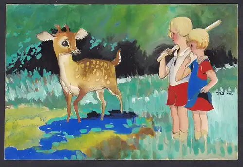 (Zwei kleine Mädchen mit Reh im Wald / Two small girls with a deer in the forest)