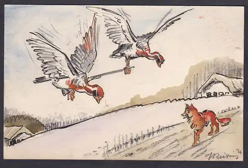 (Zwei Gänse tragen ein Gewehr in der Luft, unten läuft ein Fuchs / Two geese carrying a weapong, a fox on the