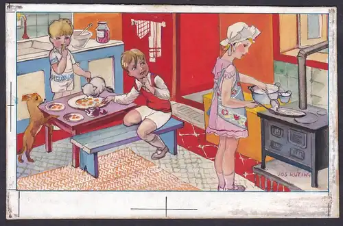 (Children having lunch in the kitchen, while the mother is cooking the food on the stove)