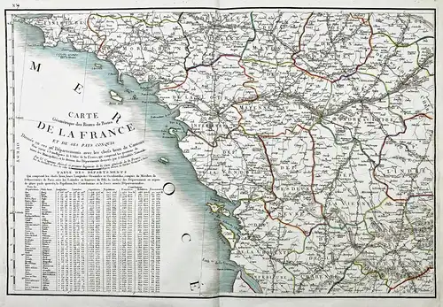 Carte geometrique des Routes de Postes de la France et de ses pays conquis - Loire Bretagne La Rochelle Morbih