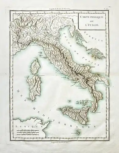 Carte Physique de l'Italie. - Italia Italy Italien Sizilia Sardegna Corse incisione map Karte