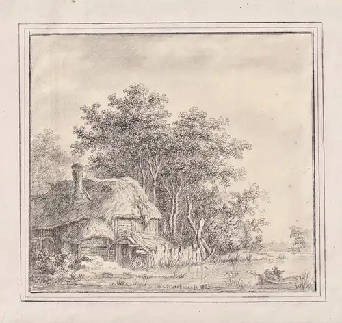 (Flusslandschaft mit Bauernhaus und Baum / River landscape with farmer's house and tree)