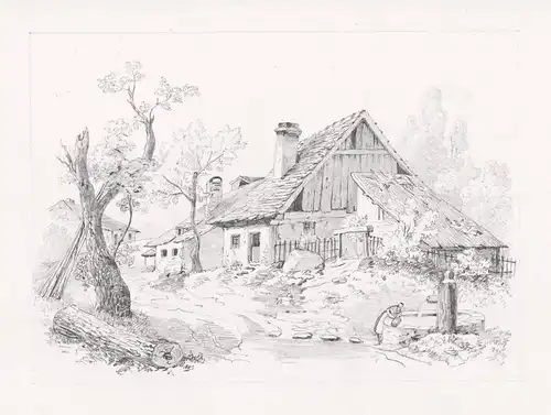 (Bauernhof mit Brunnen / Farm with well) / Biedermeier Gehöft