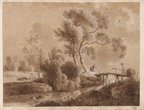 (Flusslandschaft mit Brücke und Rinderherde / River landscape with bridge und cattle)