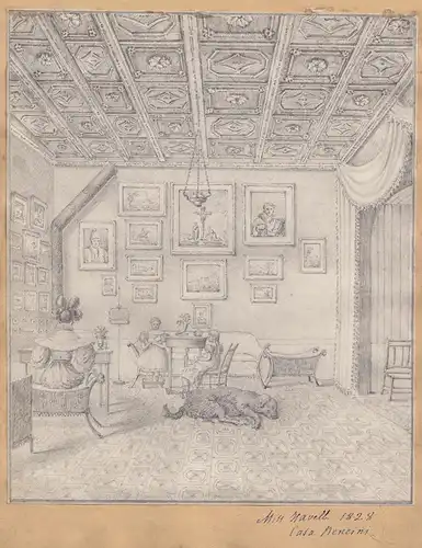 (Biedermeier Interieur) - Wohnzimmer mit Mutter und Kinder / Living room scene with mother and childre