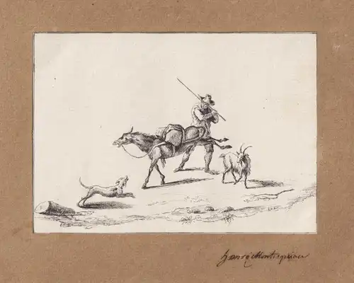 (Wanderer mit Esel, Hund und Ziegenbock / Hiker with his donkey, dog and goat)