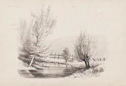 (Flusslandschaft mit Bäumen und Zaun / River landscape with trees and fence)