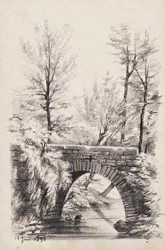 (Flußlandschaft mit Steinbrücke / River landscape with stone bridge)
