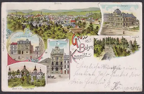 Gruss aus Böhm. Kamnitz - Ceska Kamenice Hotel schwarzes Ross Turnhalle Kapelle Jungfrau Maria Böhmen Bohemia