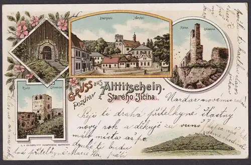 Gruss aus Alttitschein  - Stary Jicin Stadtplatz Burg Böhmen Bohemia Czech Cechy Cesko Ansichtskarte Postkarte