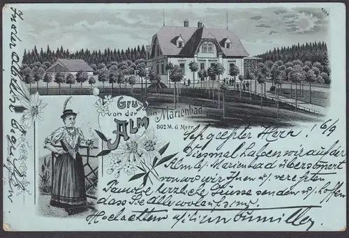 Gruss von der Alm in Marienbad - Marianske Lazne Böhmen Bohemia Czech Cechy Cesko Tschechien Ansichtskarte Pos