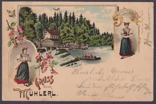 Gruss vom Mühlerl - Insel Mühlerl Eger Cheb Böhmen Bohemia Czech Cechy Cesko Tschechien Ansichtskarte Postkart