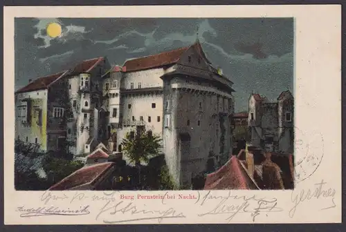 Burg Pernstein bei Nacht - Pernsteijn Mähren Moravia Czech Cechy Cesko Tschechien Ansichtskarte Postkarte AK p