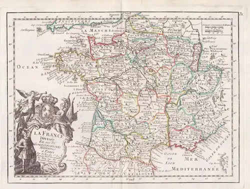 La France divisee en ses 37 Gouvernements Militaires - France Frankreich carte Karte map Kupferstich