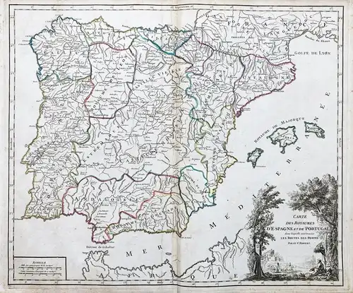 Carte des Royaumes d'Espagne et Portugal, dans laquelle sont tracées les Routes des Postes - Spanien Espana Sp