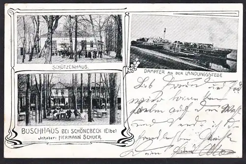 Buschhaus bei Schöneck - Elbe Schützenhaus Dampfer an der Landungsstelle Ansichtskarte Postkarte AK postcard