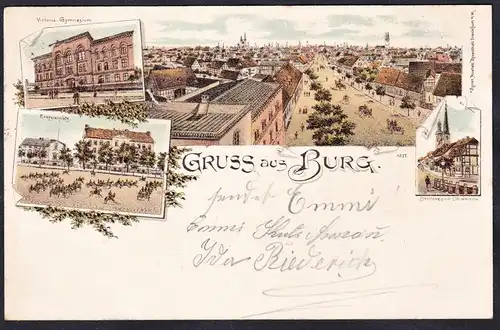 Gruss aus Burg - bei Magdeburg Gymnasium Kirche Ansichtskarte Postkarte AK postcard