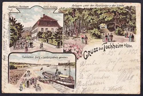Gruss aus Tochheim - Elbe Gasthaus Tochheimer Berg Landungsplatz Ansichtskarte Postkarte AK postcard