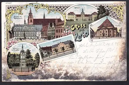 Gruss aus Zerbst - Rathaus Schloss Kriegerdenkmal Ansichtskarte Postkarte AK postcard