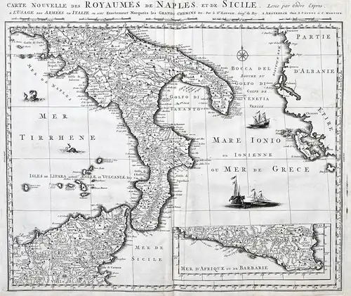 Carte Nouvelle des Royaumes de Naples, et de Sicile. - Italia Italy Calabria Basilicata Puglia Campania Sizili