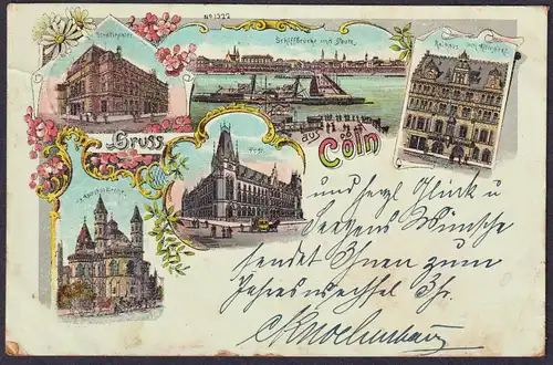 Gruss aus Cöln -  Köln Stadttheater Post Schiffbrücke und Deutz Rathaus am Altmarkt Postkarte Ansichtskarte AK