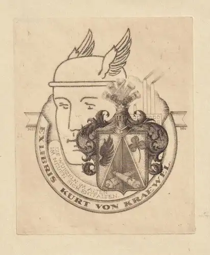 Ex Libris Kurt von Kraewel - Merkur Wappen Exlibris Radierung engraving bookplate Ex Libris