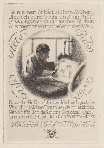 Heinrich Graf München - Glückwunsch Radierung engraving bookplate
